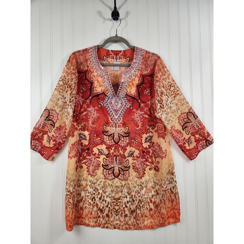 Chicos Women's Orange Paisley Leopard Print Beaded V-Neck Sheer Tunic Top Size M